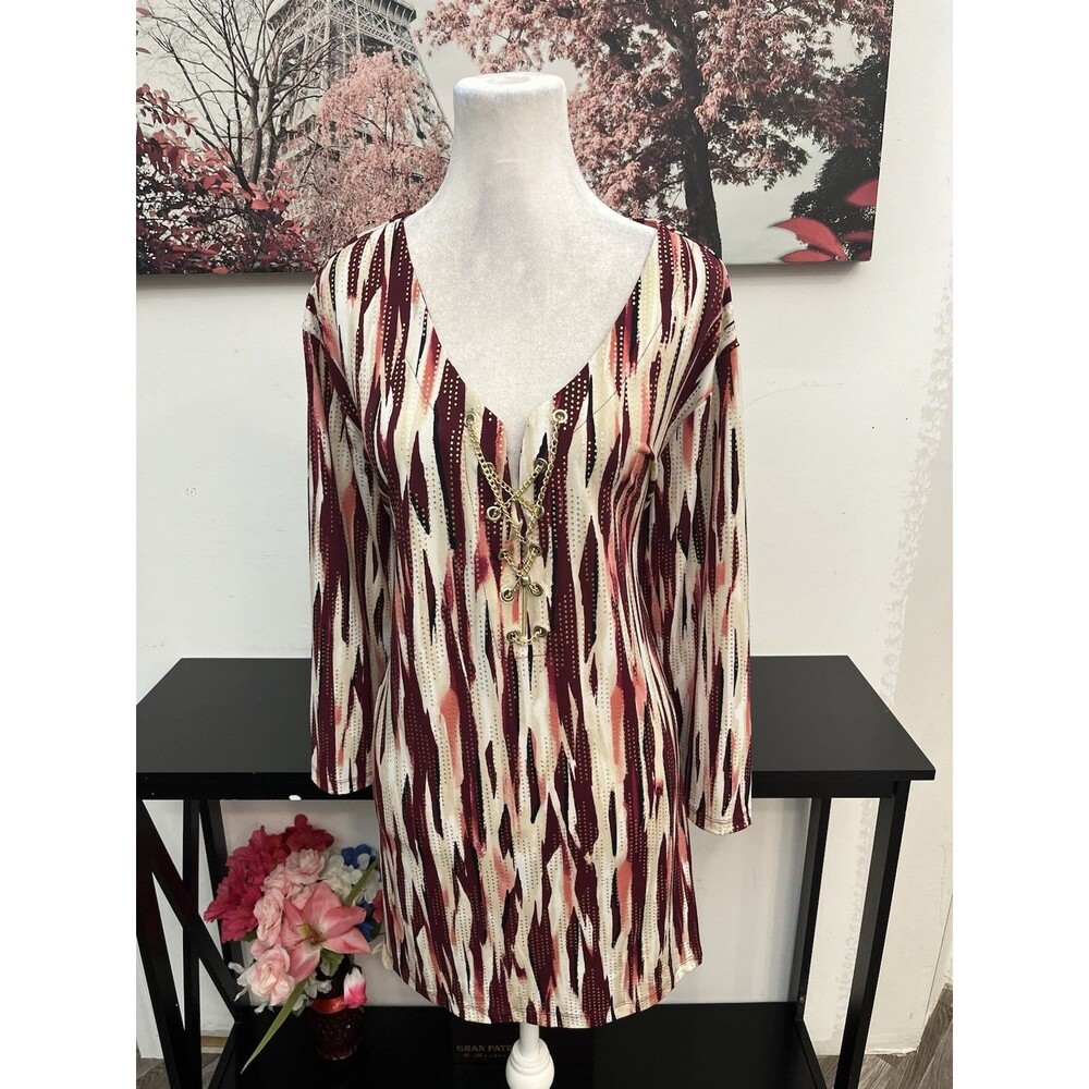 JM Collection Woman Tunic Top 3X Plus Gold Chain V-Neck Asymmetric Hem Ikat